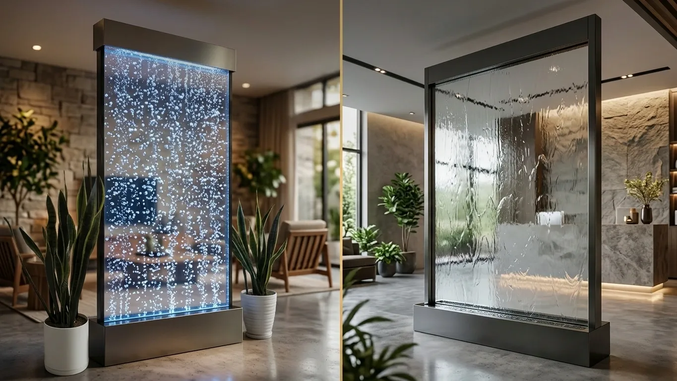 مقایسه آبنمای حبابی و دیوار آبی شیشه‌ای در فضای داخلی مدرن